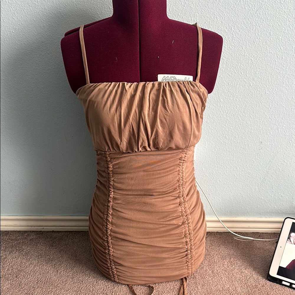 Tan Ruched Mini Dress